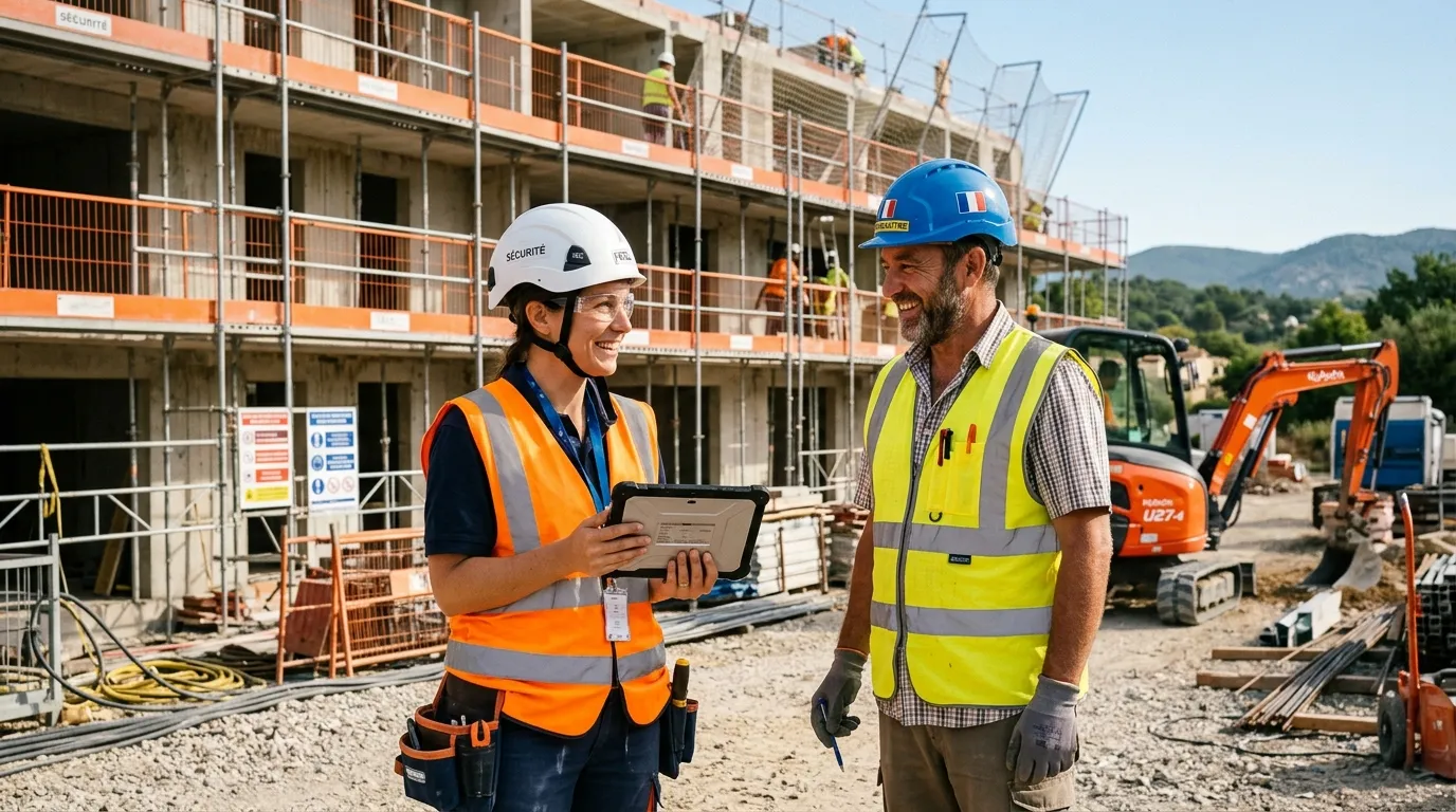 DUERP BTP et chantiers DUERP BTP : consultante en prévention et chef de chantier évaluant les risques devant un échafaudage